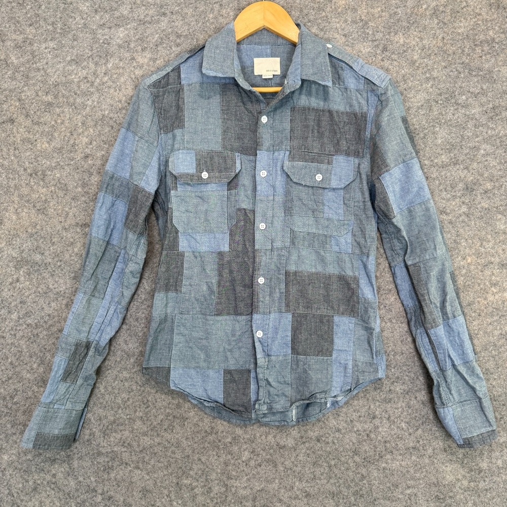 Band of Outsiders Patchwork Chambray Button Shirt‎ Mens Small 1 Blue Gray Vogue